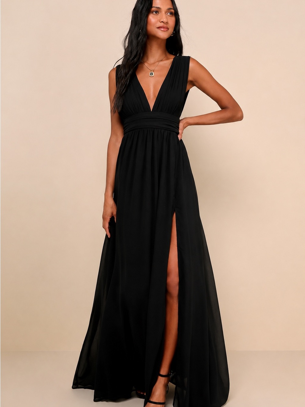 Lulus Heavenly Hues Black Maxi Dress M V Neck Pleated Formal Wedding Guest